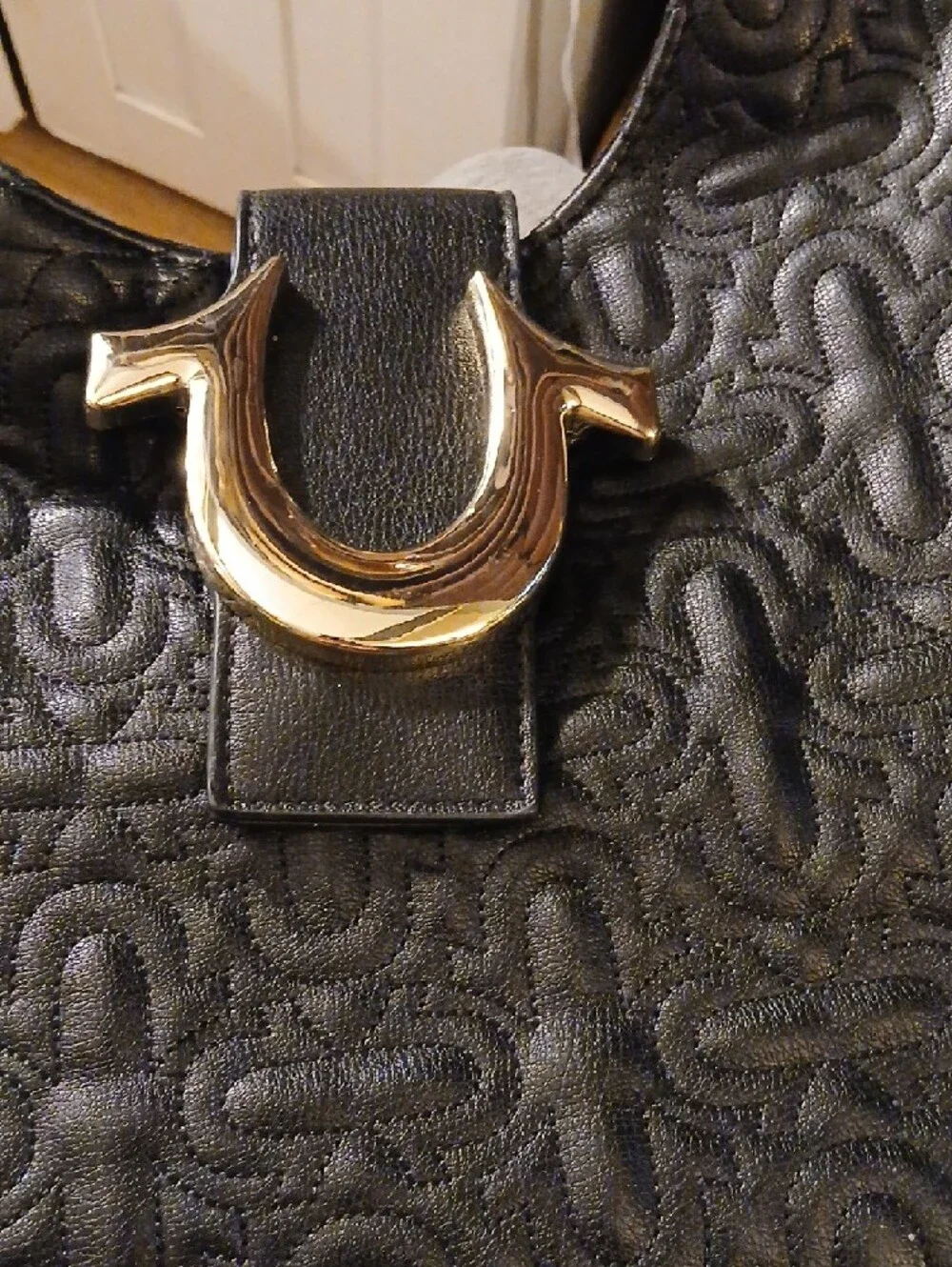 True Religion Women's Black Vegan Leather Logo Buckle Y2K Hobo Bag